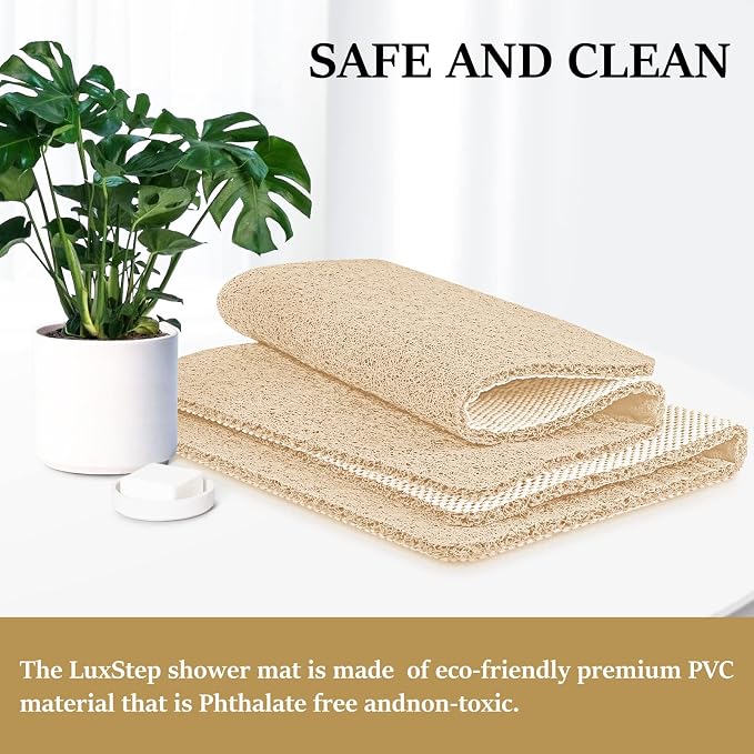 LuxStep Shower Mat Bathtub Mat,24x24 inch, Non-Slip Bath Mat with Drain, Quick Drying PVC Loofah Bathmat for Tub,Shower,Bathroom (Phthalate Free,Khaki)