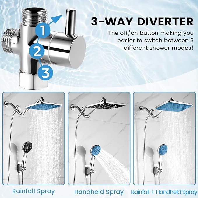 Shower Head with Handheld,11.8 Inch Large Rectangular Rain Shower Head with 5 Modes Handheld Spray Combo,Adjustable Double Shower Heads with Holder and 11'' Extension Arm,Chrome