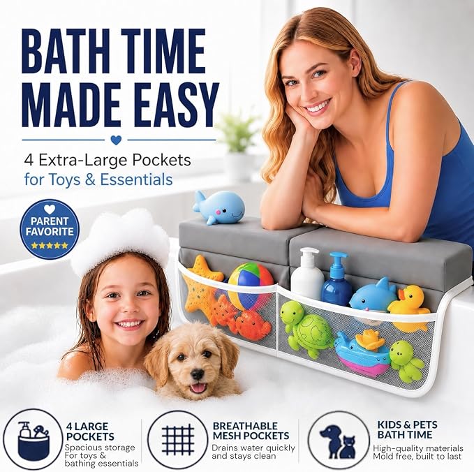 Comfortable Baby Bath Kneeler and Elbow Rest Pad Set, Non-Slip Bathtub Kneeling Pad for Bathing Baby, Bath Tub Cushion Mat, Elbow Pads, Toy Organizer Storage Pockets, Strong Suction Cups