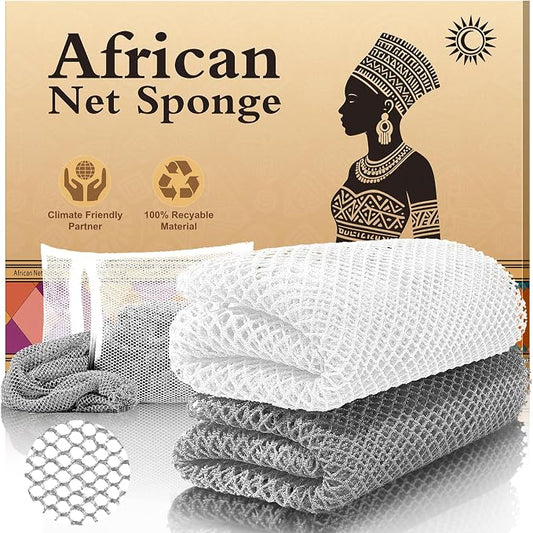2-Pack African Net Sponge - Exfoliating Scrubber for Face & Body Shower, Travel-Ready, Durable, Gentle Exfoliation for Sensitive Skin(White,Grey)
