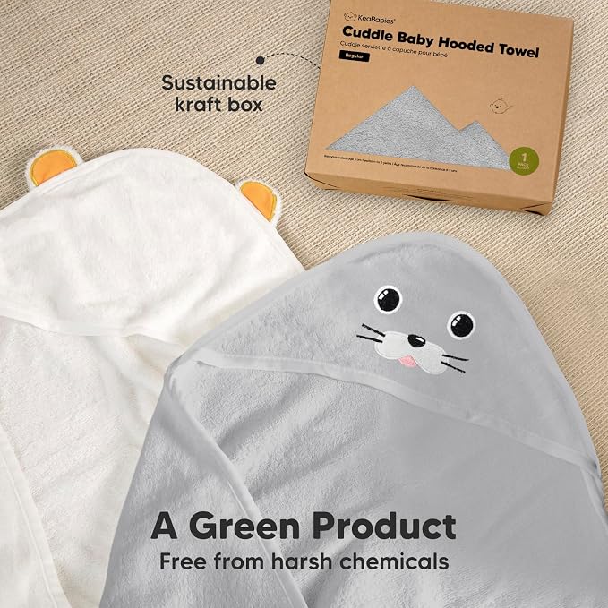 KeaBabies Hooded Baby Towel for Newborn - Viscose Derived from Bamboo Large Baby Bath Towels with Hood for Boys, Girls, Toddler, Extra Absorbent & Soft Newborn Bath Essentials (Seal, Regular)