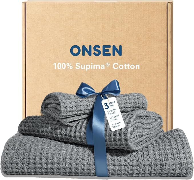 ONSEN Supima® Waffle Bath Towel Set, Quick Dry Lint Free 100% USA Cotton, Bath Hand and Face Towel Bundle, 3 Piece (Cinder Grey, Bath Towel Set)