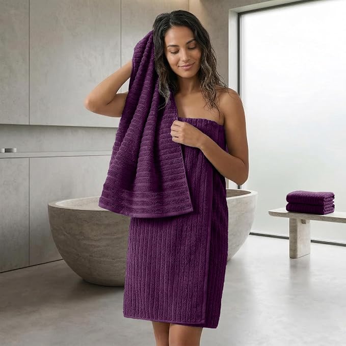 RIVERSIDE Pack of 2 Extra Large Bath Sheet Towels, 35 x 70 Inches, 600 GSM, Ribbed Stripe, 100% Cotton - Super Soft, Highly Absorbent & Quick Dry for Bathroom, Spa & Hotel, Purple Passion
