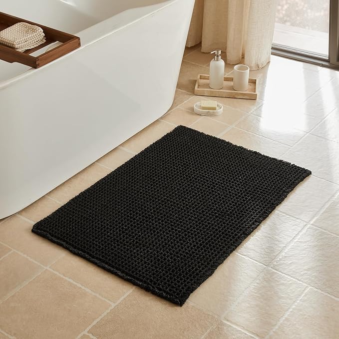 Triohero Waffle Bath Mat, Boho Bathroom Rugs Non Slip Washable, Ultra Soft Super Absorbent Quick Dry Farmhouse Bathroom Decor, 24" x 36", Black
