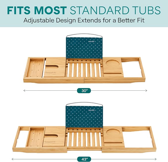 SereneLife Premium Bathtub Tray Caddy, Expandable Bath Tray, Unique House Warming Gifts, Gift for Mom, Women, New Home, Wedding, Anniversary, Bridal Shower, Universal Fit for All Tub -Natural, GiftSet