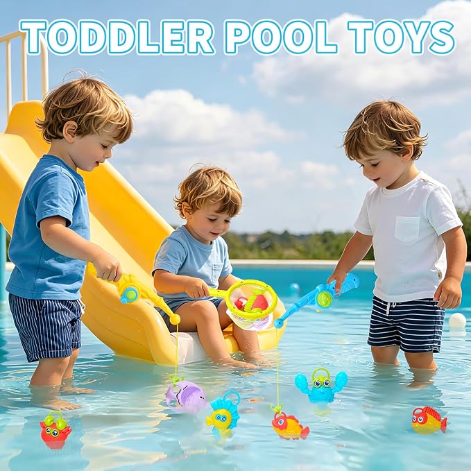 Toddler Bath Toys for Kids Ages 1-3, Mold Free Bathtub Pool Water Table Toys with Pole Rod Net & Plastic Floating Fishes, Outdoor Water Toys for Kids Toddlers Birthday Gifts Aged 2-4 3-5 4-8