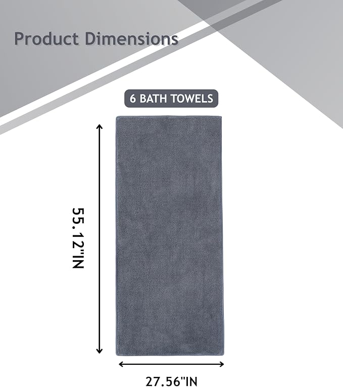 sakano 6-Piece Microfiber Bath Towel Set - Quick-Drying Bath Towels,Absorbent& Lint Free Soft Launder for Family, Gym, and Spa -Dark Gray, 28 x 55 inches
