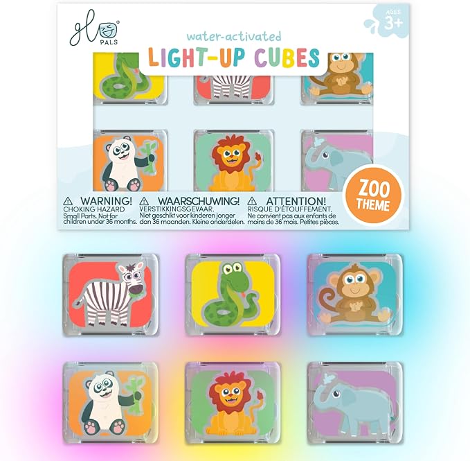 Glo Pals Water-Activated Light-Up Sensory Bath Toy Cubes for Bathtime and Sensory Play, Zoo, Vibrant Light-Up Colored Cubes for Kids and Toddlers, Pack of 6