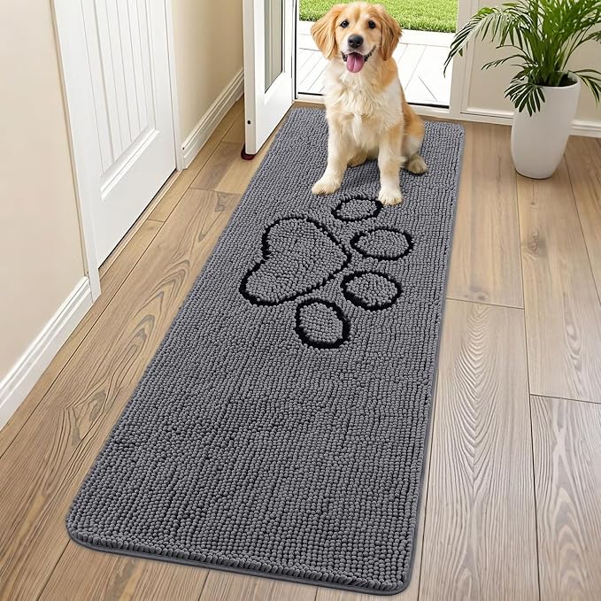 Smiry Dog Door Mat for Muddy Paws, Absorbent Dirt Trapper Non Slip Quick Dry Washable Chenille Mat for Mud Dogs, Entry Rug for Indoor and Outdoor (70x24 Inches, Dark Grey and Black)