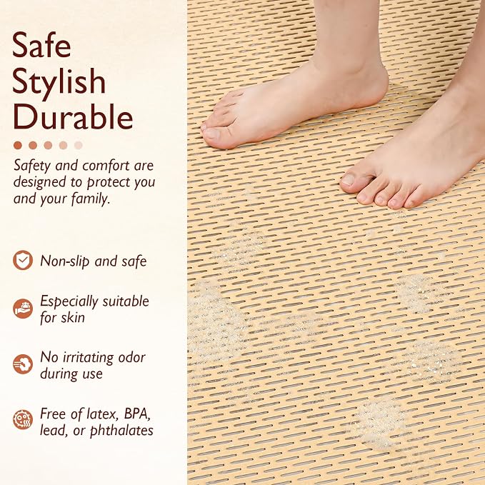 Extra Large Non-Slip Shower Mat, Fast-Dry PVC Bath Stall & Tub Mat, Drain-Hole Design,for Shower Stall Tub for Elderly/Kids，Non Slip Bathroom Safety Accessory，Beige 24"x24"