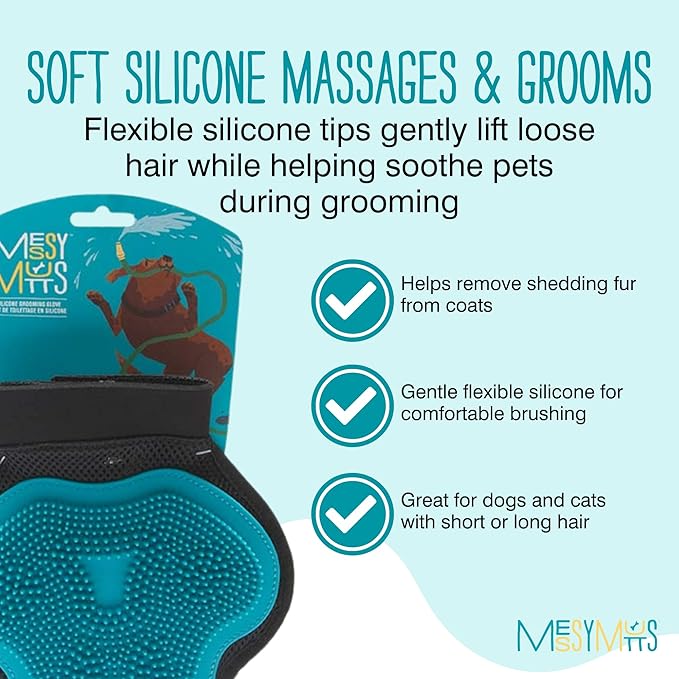 Messy Mutts Reversible Silicone Pet Grooming Glove | Gentle Massage, Brush, Bath and Dog Hair Removal Mitt | One Size Fits All | Blue