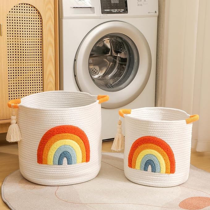Toy Storage Baskets Woven Cotton Rope Storage Basket Kids Blanket Baskets for Living Room, Toys Organizer with Embroidery Colorful Rainbow Decor, Baby Basket for Laundry Nursery (Boho Rainbow)