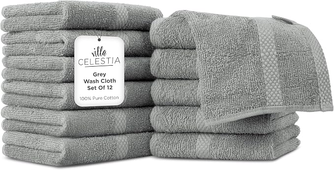 Cotton Washcloths Set of 12, 12x12 Inch, 100% Ring-Spun Combed Cotton, Soft Absorbent Quick-Dry Wash Cloths for Face and Body, Oeko-TEX Certified, Hotel & Spa Quality, Grey