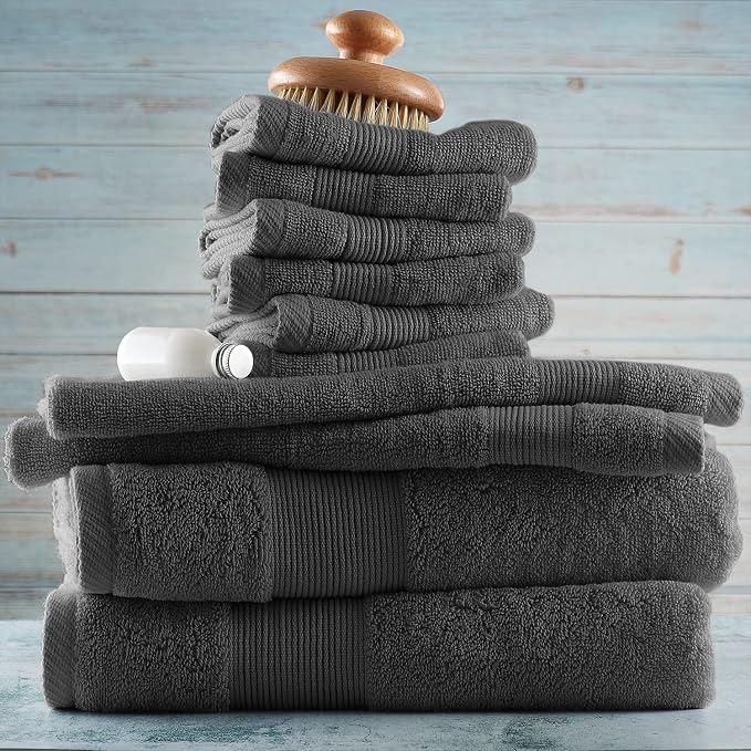 Hearth & Harbor Bath Towels for Bathroom - 100% Ring Spun Cotton Luxury Bathroom Towels - Ultra Soft & Highly Absorbent, Bath Towels Set of 10 - Dark Gray
