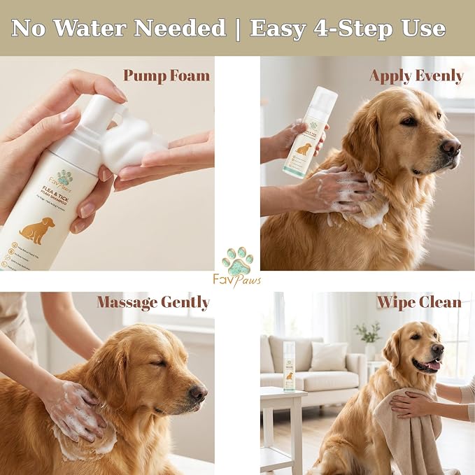 Flea & Tick Dog Waterless Foam Shampoo – No Rinse Grooming Formula – Gentle Care Coat Cleansing – Fresh Clean Scent – Dry Shampoo for Dogs and Puppies-200 ml (6.7 fl oz)