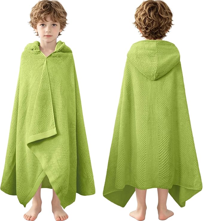 VOOVA & MOVAS Hooded Bath Towels for Kids | Soft Absorbent 100% Cotton Thick Towel Wrap | Versatile Beach, Pool, Swim & Bath Cover-Up | Grass Green Vertical Waffle