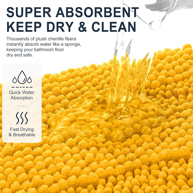 Smiry Thick Chenille Bathroom Runner Rugs 44x24, Extra Absorbent Striped Bath Mat, Machine Washable, Rubber Backing, Long Bath Rugs for Bathroom, Tub & Shower, Home Decor Accessories, Golden Yellow