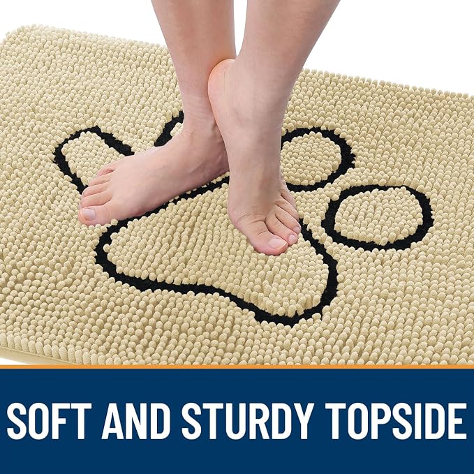 OLANLY Dog Door Mat for Muddy Paws 30x20, Paw Print Design, Absorbs Moisture and Dirt, Absorbent Non-Slip Washable Doormat, Quick Dry Chenille Mud Mat for Dogs, Entry Indoor Entryway Carpet, Sand