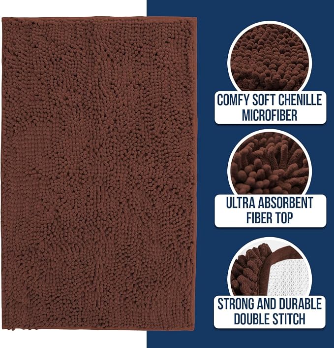 Muddy Mat® | Chenille Bathroom Rugs Quick Dry Microfiber Mats Non Slip Washable, Extra Thick, Soft and Highly Absorbent Bath Mats for Bathroom, Kitchen, and Shower Floor - Brown 24"x36"