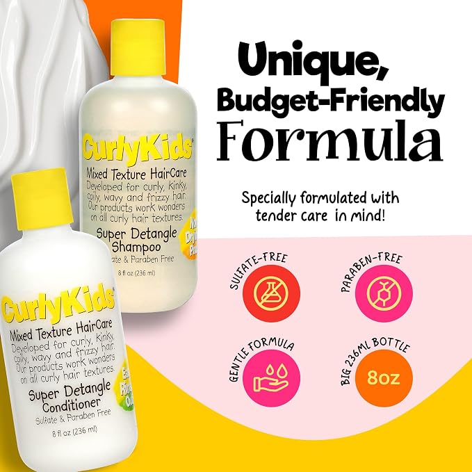 CurlyKids Super Detangle Kids Shampoo & Conditioner Set, Frizz-Free Care for Curly, Kinky, Wavy, and Frizzy Hair - Sulfate & Paraben-Free Hair Care