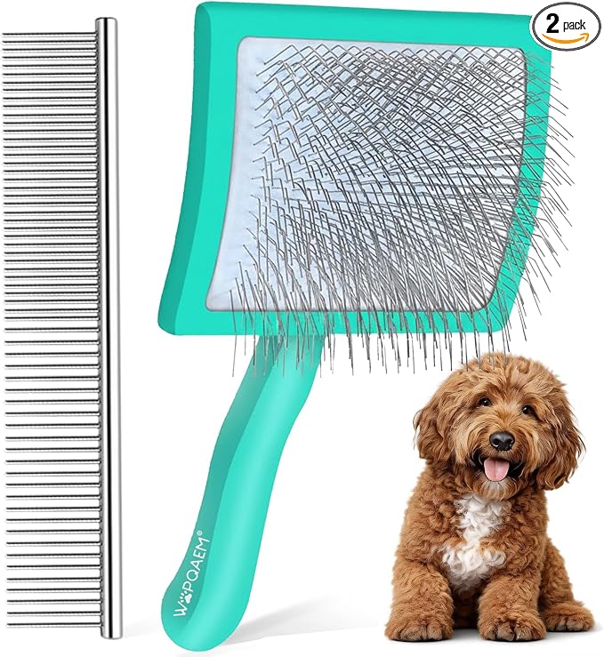 Wooden Long Pin Slicker Brush for Dogs, Doodles, Poodles, Long Hair | Grooming, Detangling, and Fluffing for Wavy and Curly Hair—Designed for Heavy, Thick Coats to Prevent Matting at Home