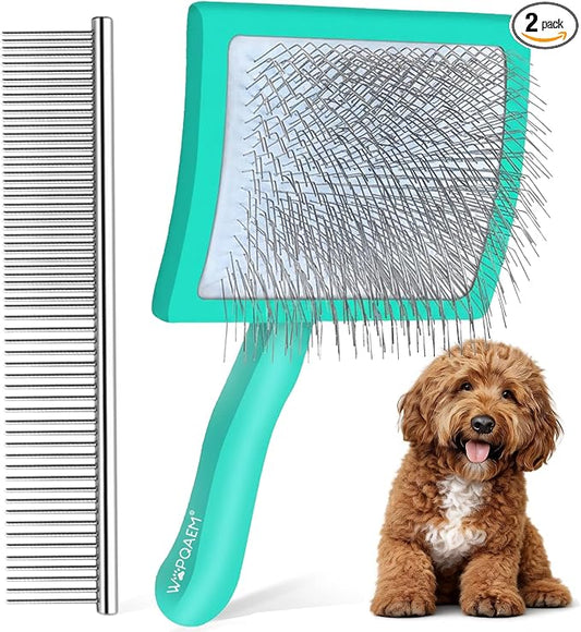 Wooden Long Pin Slicker Brush for Dogs, Doodles, Poodles, Long Hair | Grooming, Detangling, and Fluffing for Wavy and Curly Hair—Designed for Heavy, Thick Coats to Prevent Matting at Home
