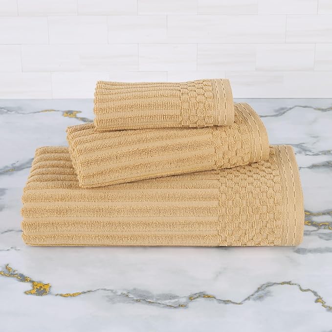Superior 3 Piece Cotton Towel Set, Includes 1 Bath Towel, 1 Hand Towel, 1 Face Towel/Washcloth, Daily Use for Bathroom, Guest Bath, Ribbed, Absorbent, Home Essentials, Soho Collection, Gold