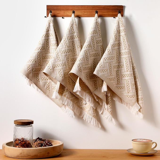 HunnmingRe 4 Pack Boho Hand Towel for Bathroom Kitchen 14x30 Inch 100% Turkish Cotton Summer Boho Decorative Towel Waffle Farmhouse Bathroom Decor Absorbent Soft Guest Gift(Brown,White)