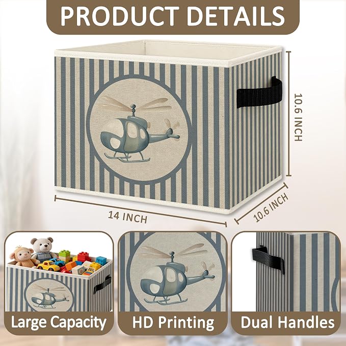 Boy Airplane Nursery Foldable Storage Bins Box with Handles, Blue Striped Helicopter Toddler Boy Collapsible Organizer Basket for Boys Kids Bedroom Bathroom Playroom Clothes Books
