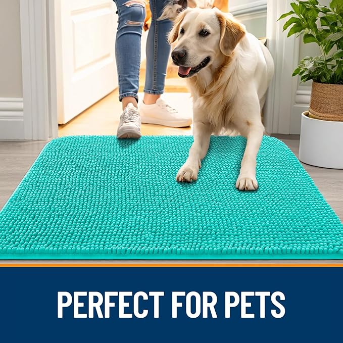 OLANLY Dog Door Mat for Muddy Paws 54x24, Absorbs Moisture and Dirt, Absorbent Non-Slip Washable Doormat, Quick Dry Chenille Mud Mat for Dogs, Entry Indoor Entryway Carpet for Inside Floor, Teal