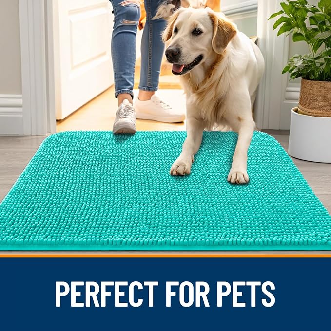 OLANLY Dog Door Mat for Muddy Paws 54x32, Absorbs Moisture and Dirt, Absorbent Non-Slip Washable Doormat, Quick Dry Chenille Mud Mat for Dogs, Entry Indoor Entryway Carpet for Inside Floor, Teal