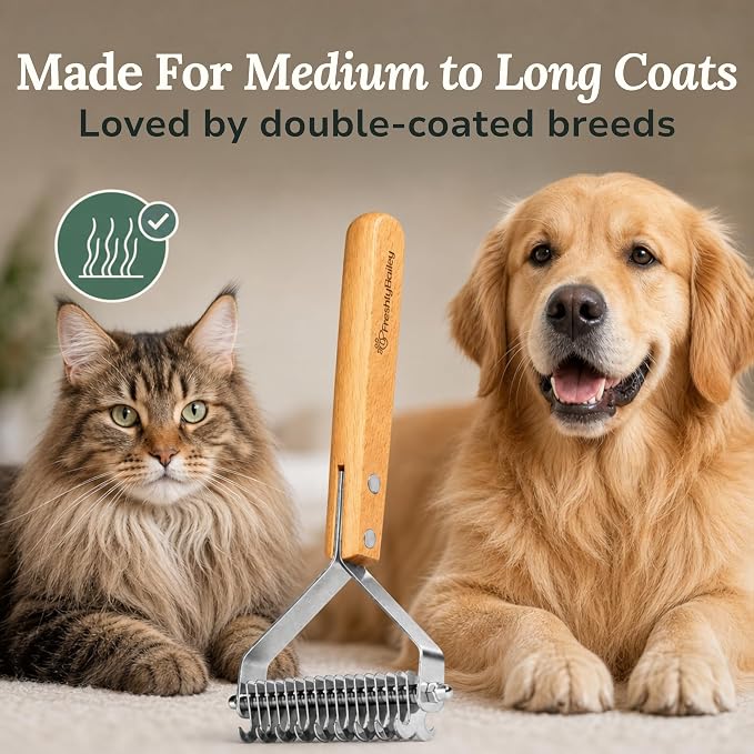 Dematting and Deshedding Comb for Dogs and Cats, 2-Sided Undercoat Rake | for medium to long coats to loosen mats and remove loose undercoat hair