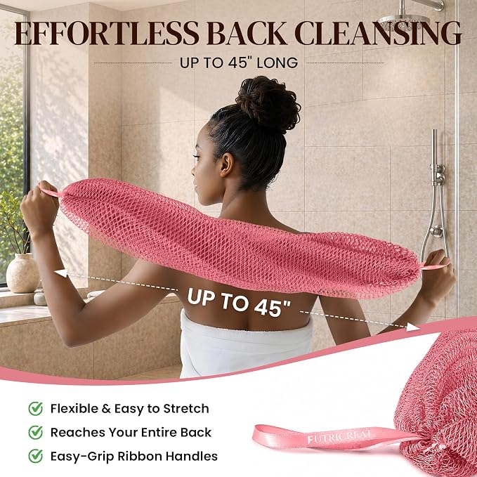4 Pack African Net Sponge Authentic, Exfoliating Washcloth, Body & Back Scrubber, Better Alternative to Traditional Loofahs, Perfect for Daily Shower & Travel, Pink & Purple