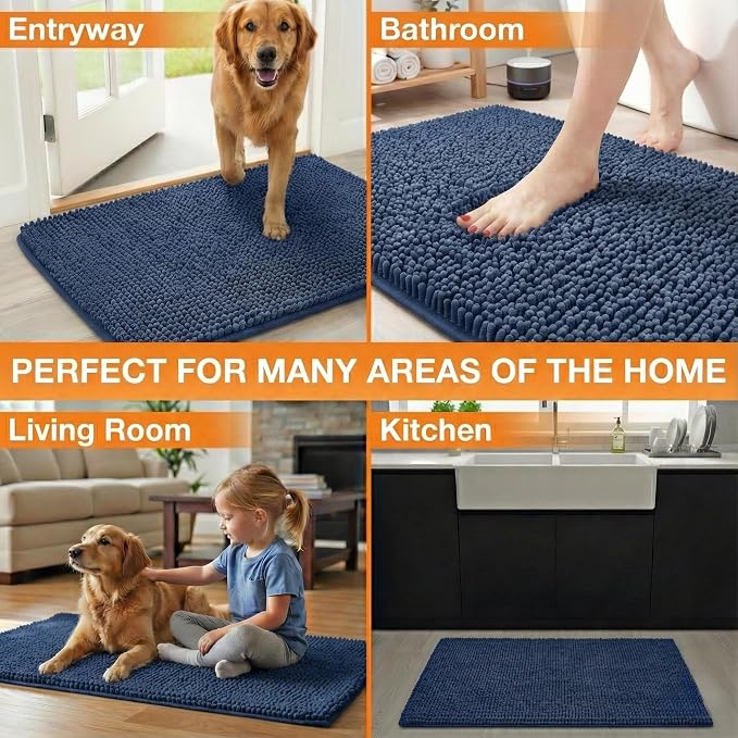 Neater Pets Muddy Paws Dog Door Mat 24” x 17” – Super Absorbent & Quick-Dry Chenille Doormat for Trapping Dirt, Water, Mud - Non-Slip & Machine Washable Pet Rugs for Entryway, Indoor Mud Mats, Navy