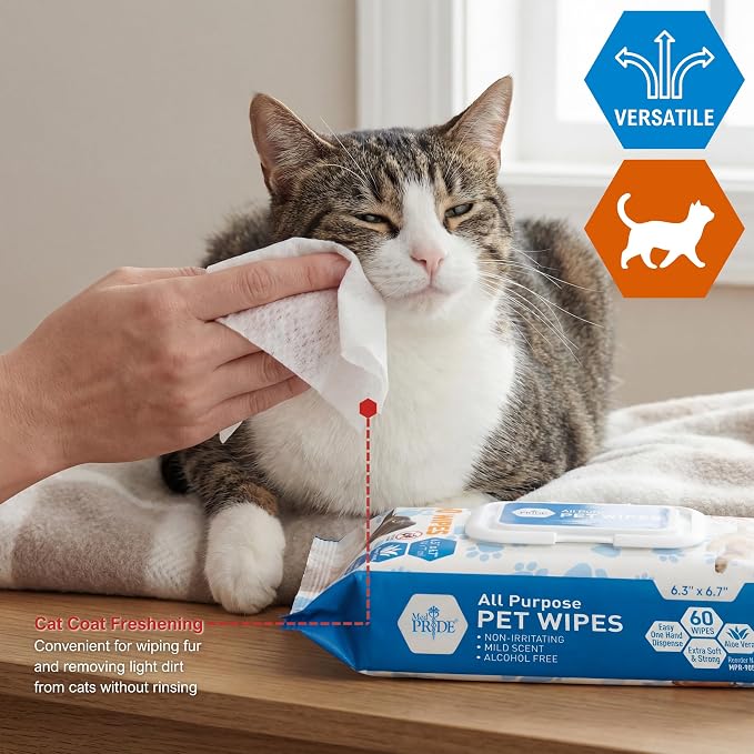 MED PRIDE Hypoallergenic Animal Wipes for Cats Bathing and Cleaning Fur, Extra Soft, Alcohol and Paraben Free, Aloe Vera Enriched (Pack of 60)