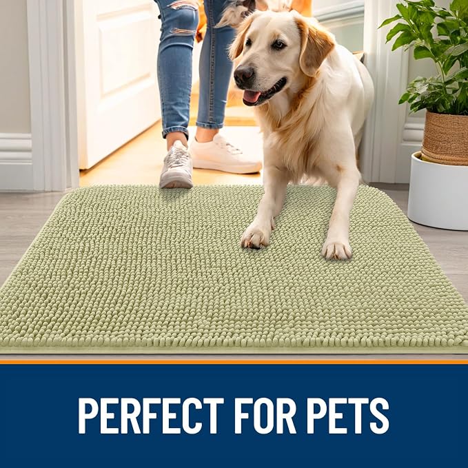 OLANLY Dog Door Mat for Muddy Paws 59x35, Absorbs Moisture and Dirt, Absorbent Non-Slip Washable Doormat, Quick Dry Chenille Mud Mat for Dogs, Entry Indoor Entryway Carpet for Inside Floor, Vanilla