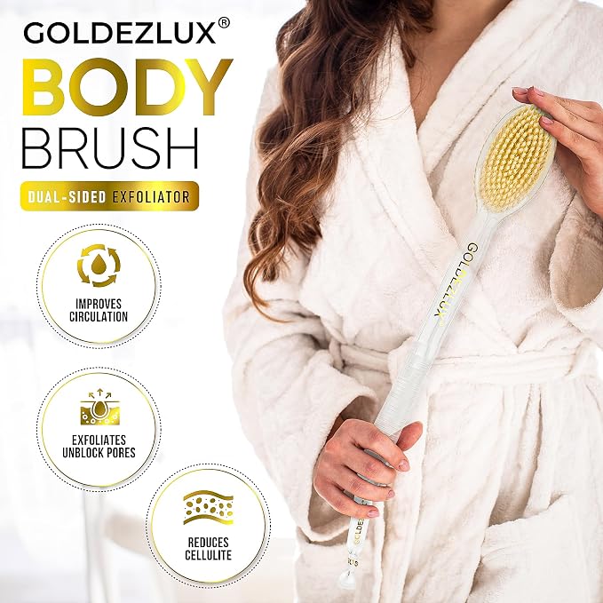 GOLDEZLUX® Firm Body Brush Dual-Sided Shower Brush Back Scrubber - Premium Medium Soft & Stiff Bristles Wet or Dry Brushing - Perfect Durable Non-Slip Long Handle Large Size 17" (Transparent Dual)