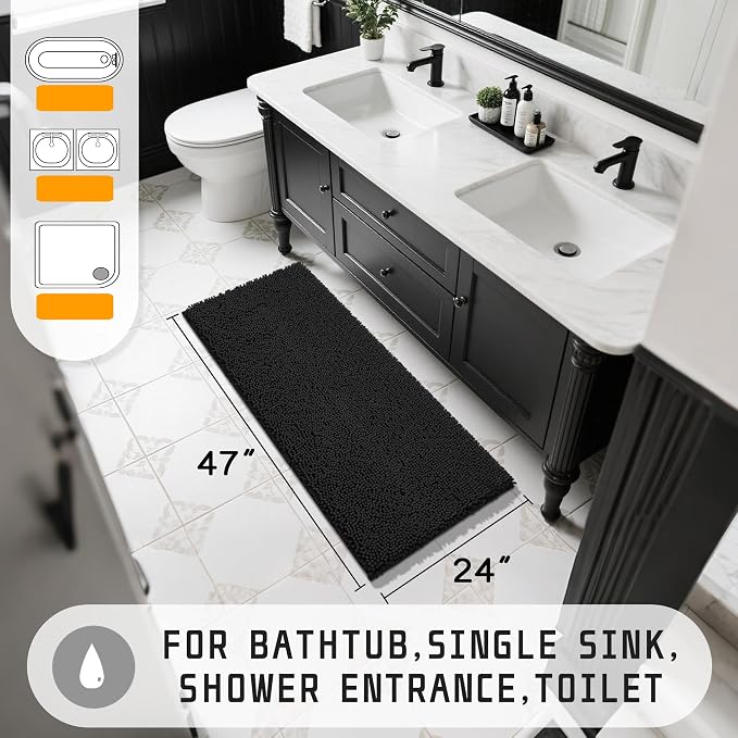 Yimobra Long Bathroom Rugs 47"x24", Extra Soft Non Slip Bath Mat for Tub, Super Absorbent Quick Dry Shaggy Rug Floor Carpet, Machine Washable,Black