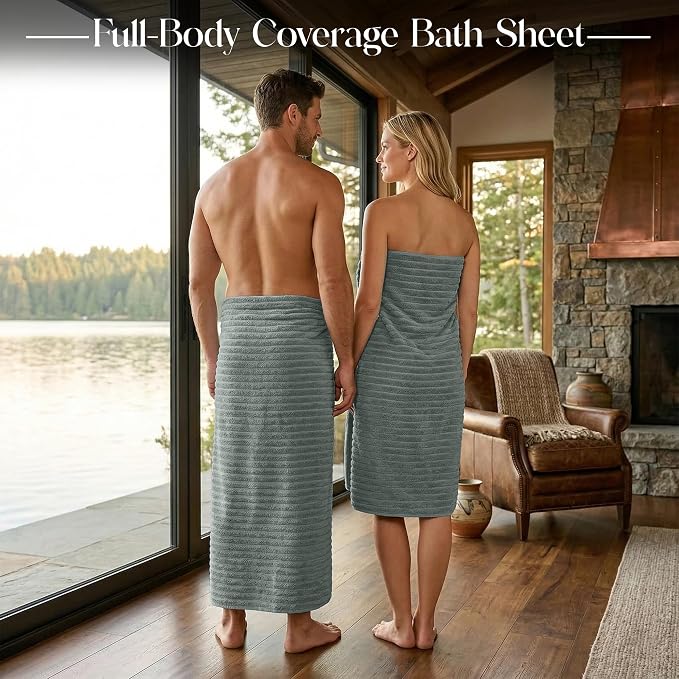 RIVERSIDE Pack of 2 Extra Large Bath Sheet Towels, 35 x 70 Inches, 600 GSM, Ribbed Stripe, 100% Cotton - Super Soft, Highly Absorbent & Quick Dry for Bathroom, Spa & Hotel, Gray
