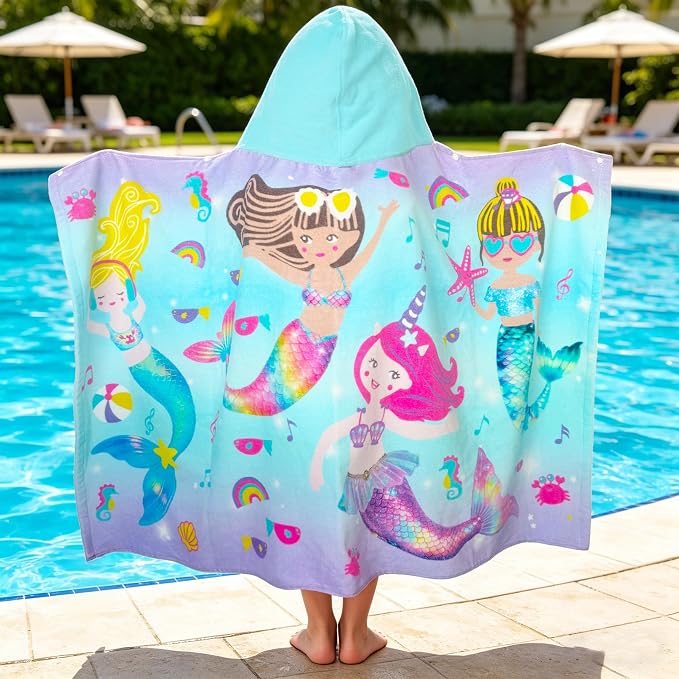 VOOVA & MOVAS Kids Hooded Beach Towel Age 3-8, 30''X50,Soft | Thick | Large | 100% Cotton,Absorbent Beach, Bath, Pool Towels Wrap for Girls, Sea Mermaid