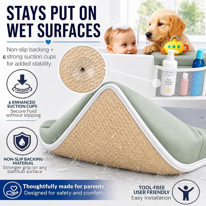 Comfortable Baby Bath Kneeler and Elbow Rest Pad Set, Non-Slip Bathtub Kneeling Pad for Bathing Baby, Bath Tub Cushion Mat, Elbow Pads, Toy Organizer Storage Pockets, Strong Suction Cups (Green Gray)