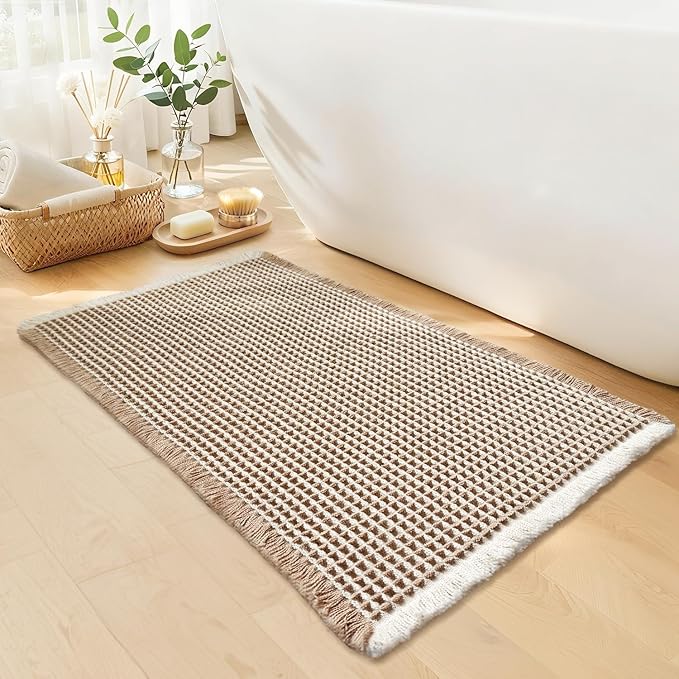 Waffle Bath Mat - Boho Bathroom Rugs Non Slip Washable, Super Absorbent & Quick Dry, Soft Bath Mat Farmhouse Bathroom Decor, 24'' x 36'', Khaki and White