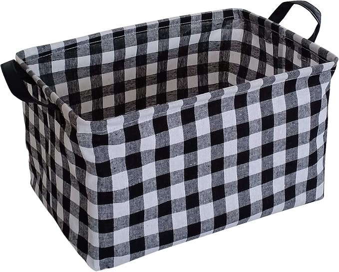 Kid Storage Basket Gift Shelf Basket Toy Storage Bin, Nursery Basket Organizer Box for Children Room Deco With Handles (Black grid)