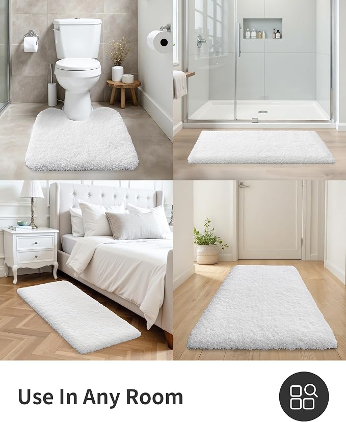 ILANGO White Bathroom Rugs 24" × 17" Non Slip & Super Absorbent Extra Thick Soft, Washable Bath Mat for Floor, Non Shedding Microfiber Plush Shaggy Bath Rug for Bathtub Shower Room Sink