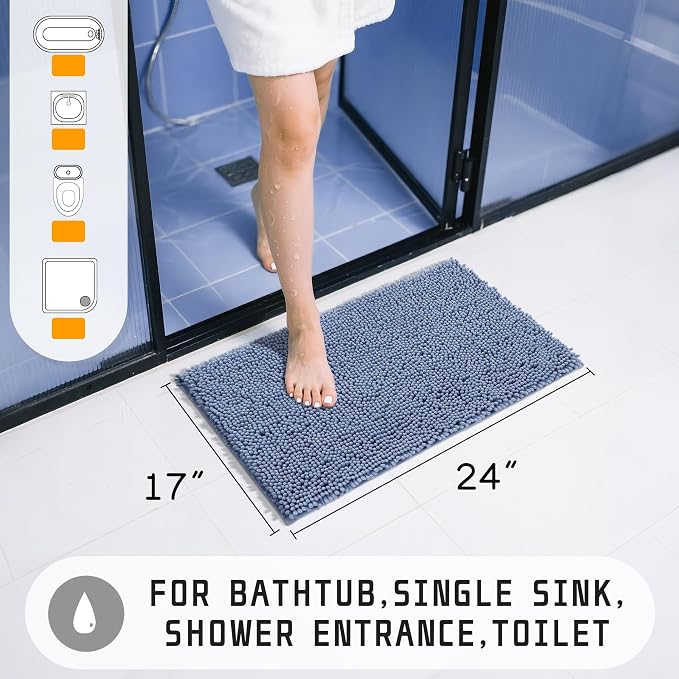 Yimobra Washable Bathroom Rugs, Super Soft & Absorbent Chenille Bath Mat for Floor & Carpet, Quick Dry Non Slip Bath Mat for Tub Shower, 24" x 17",Denim Blue