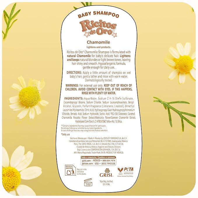 Ricitos de Oro Baby Shampoo with Chamomile – Gentle and Tear-Free Formula for Babies and Kids,Natural Lightening-and Soft Conditioning Hair Care,Paraben-Free,Safe Daily Use,8.4 fl oz,(Pack of 6)