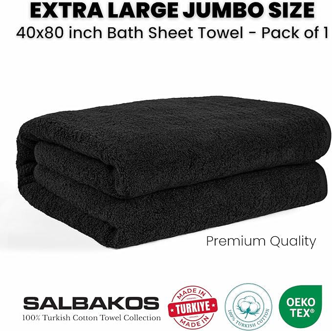 SALBAKOS Luxury 100% Turkish Cotton Bath Sheets 40x80 in Oversized Extra Large Bath Towels | Premium Hotel Quality Thick Soft Absorbent Turkish Towel for Spa Beach (Pack of 1, Black, Jumbo Bath Sheet)