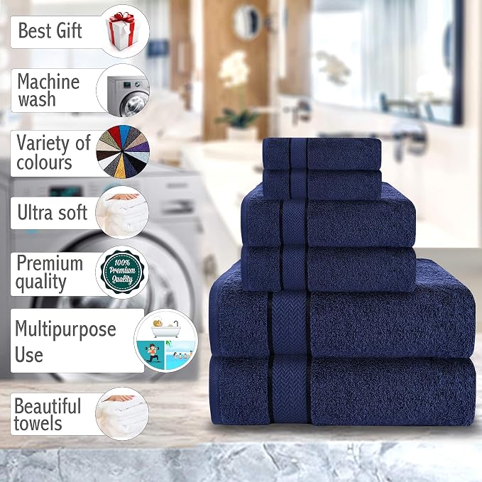 Luxury Cotton Bath Towel Set - 6 Piece, Navy Blue, Solid, Heavy Weight, 100% Cotton, Machine Washable