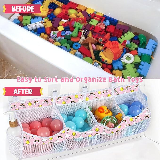 Large Bath Toy Storage, 4 Compartment Quick Drying Mesh Bath Toy Organizer with 5 Hooks, Easy Access and Sorting Large Capacity Corner Bathroom Storage, Multi Use Holder (Rainbow)