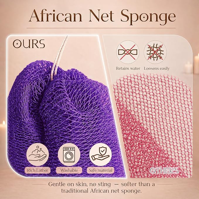 African Net Sponge Authentic, 4 Pcs Real African Exfoliating Net Sponge with Knots for Daily Shower Stretch Back Scrubber for Women Men Bath Travel Gift Gym Use (Black+Olive Green+Pink+Champagne Gold)